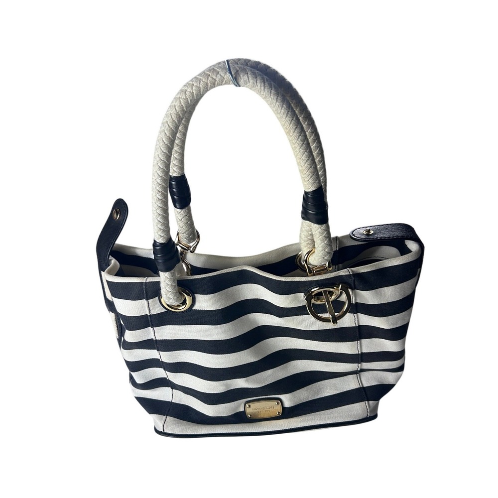 Michael Kors Black White Stripe Canvas Rope Handle Tote Bag‎ Gold Hardware